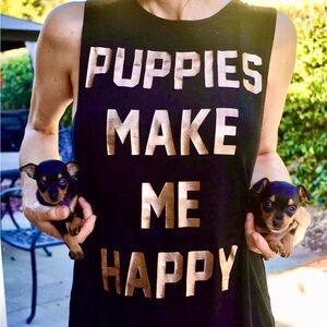 PUPPIES MAKE ME HAPPY Black Tank with Rose Gold Metallic Font - Sz XS